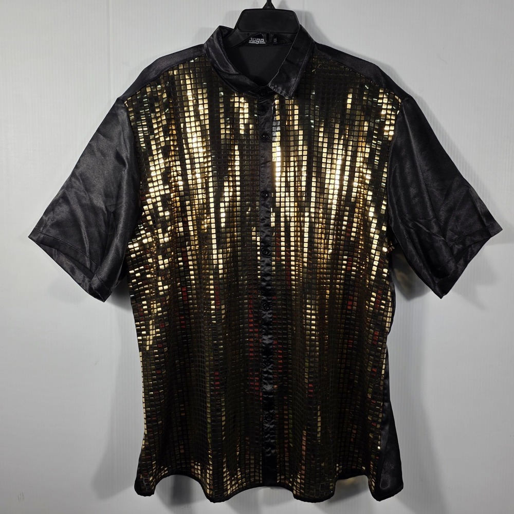 JOGAL Mens 70's Disco Gold Metallic Sequin Shirt Black Satin Short Sleeve XXL
